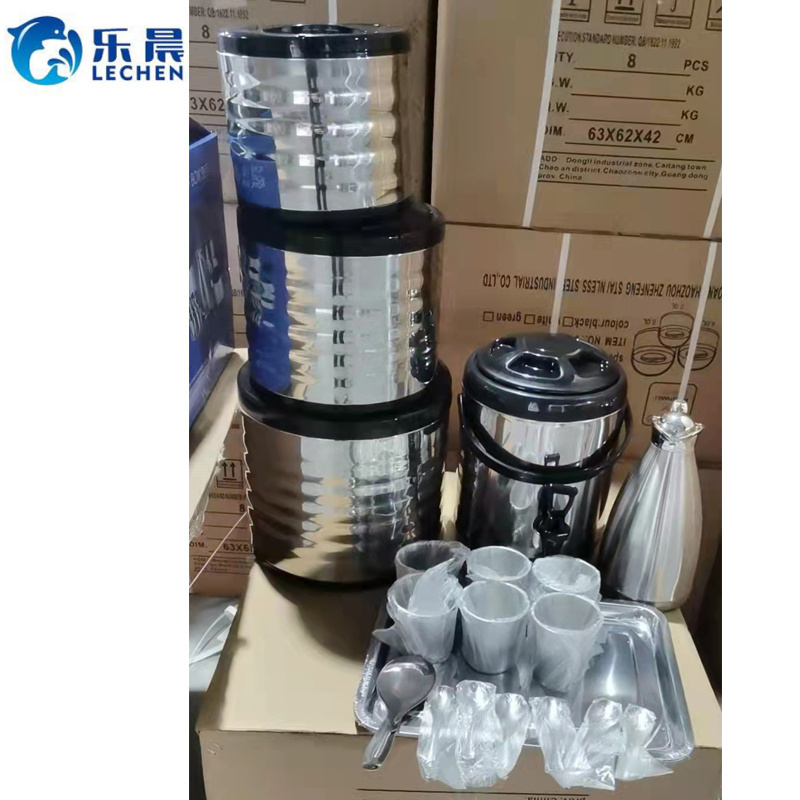 Stainless Steel pot set Lunch Box Container  with milk tea bucket  Food Warmer set Cups spoons and coffee pot 19 pcs family set