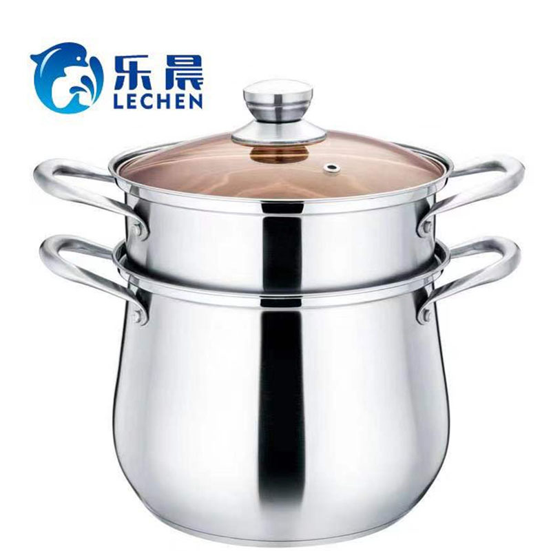 High Quality Stainless Steel Steam two layers  Cooking Pot After double bottom  High Soup Pot Food Steamer with Visible Lid