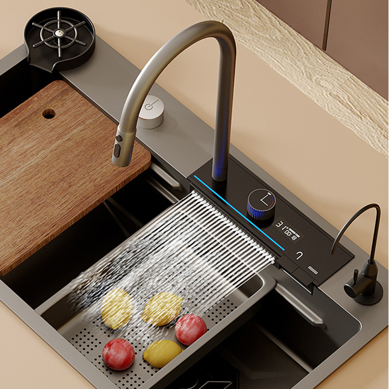 color light single bowl 304 stainless steel waterfall faucet digital kitchen sink