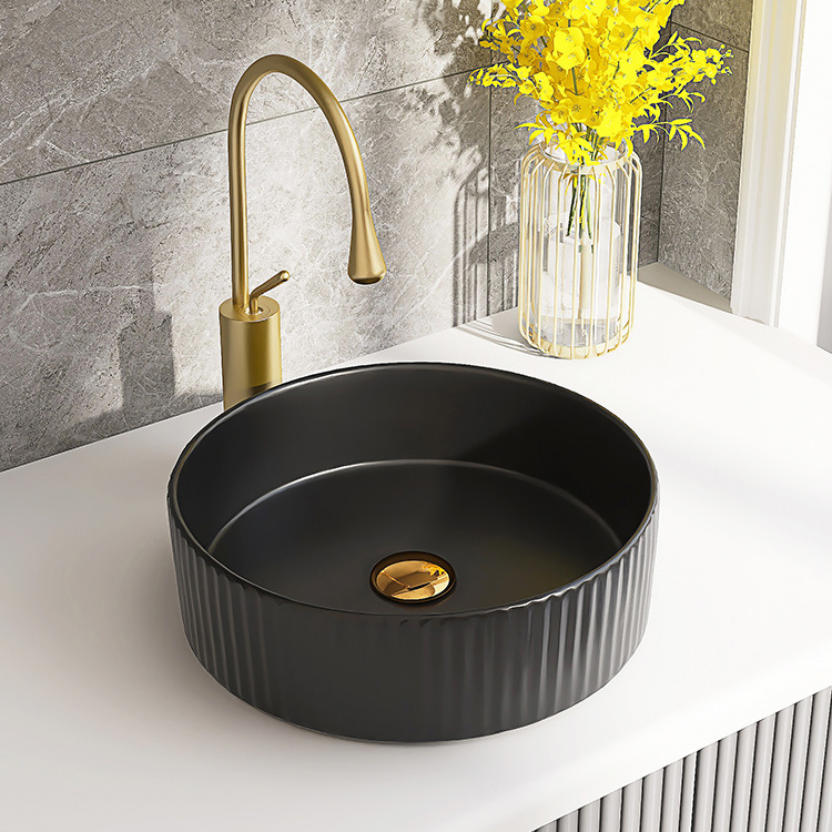 Fluted Round Matte Black Modern Countertop Ceramic Wash Basin Vessel Sink Bathroom