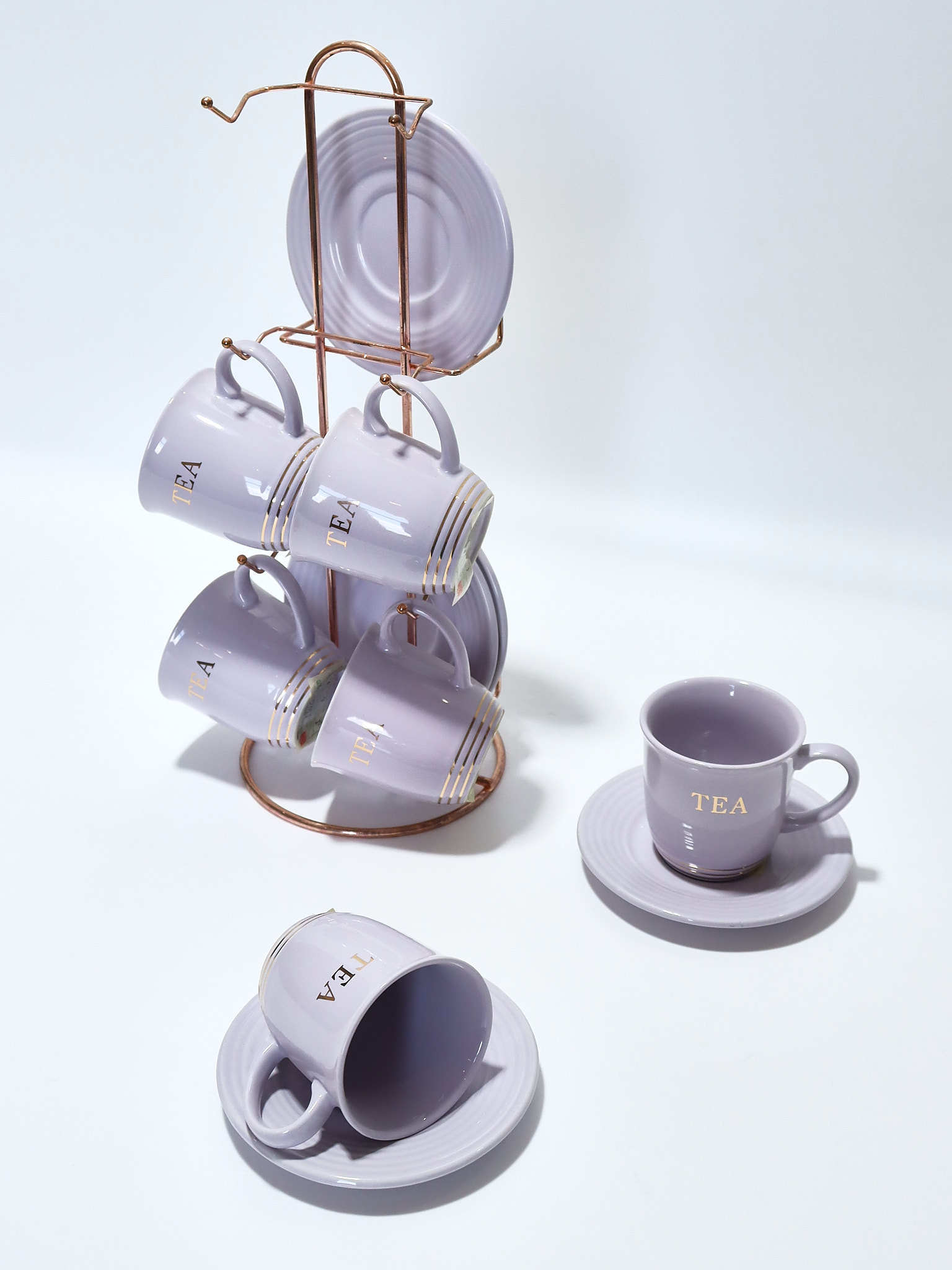 Ceramic Elegant Purple 6 Piece Tea Cups with 6 Piece Saucer Porcelain Gold Rim Decal 130ml Cups and Plates Sets