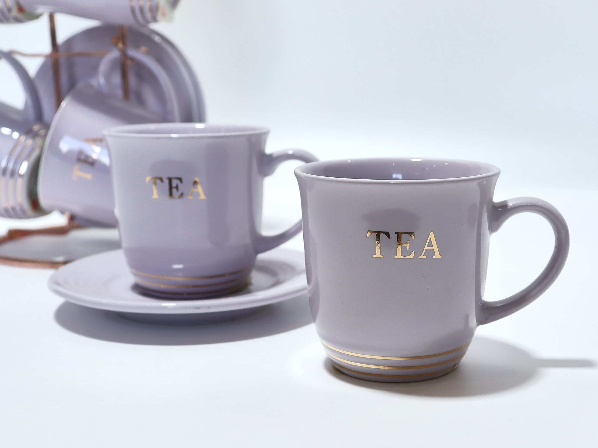 Ceramic Elegant Purple 6 Piece Tea Cups with 6 Piece Saucer Porcelain Gold Rim Decal 130ml Cups and Plates Sets