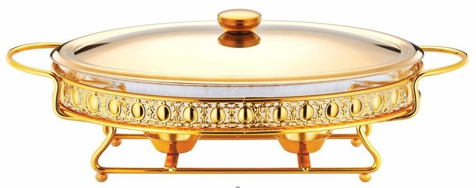 3.0 liter Commercial ceramic food warmer dish Round White Ceramic chafing dishes with gold stand