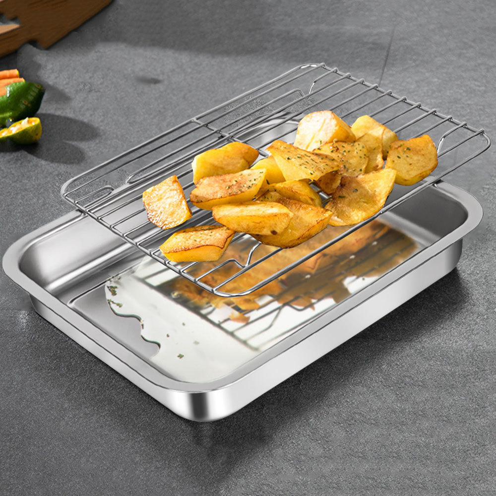 Baking Trays for Oven 5pcs Set Stainless Steel Cooling Rack BBQ Serving Deep/Shallow Tray