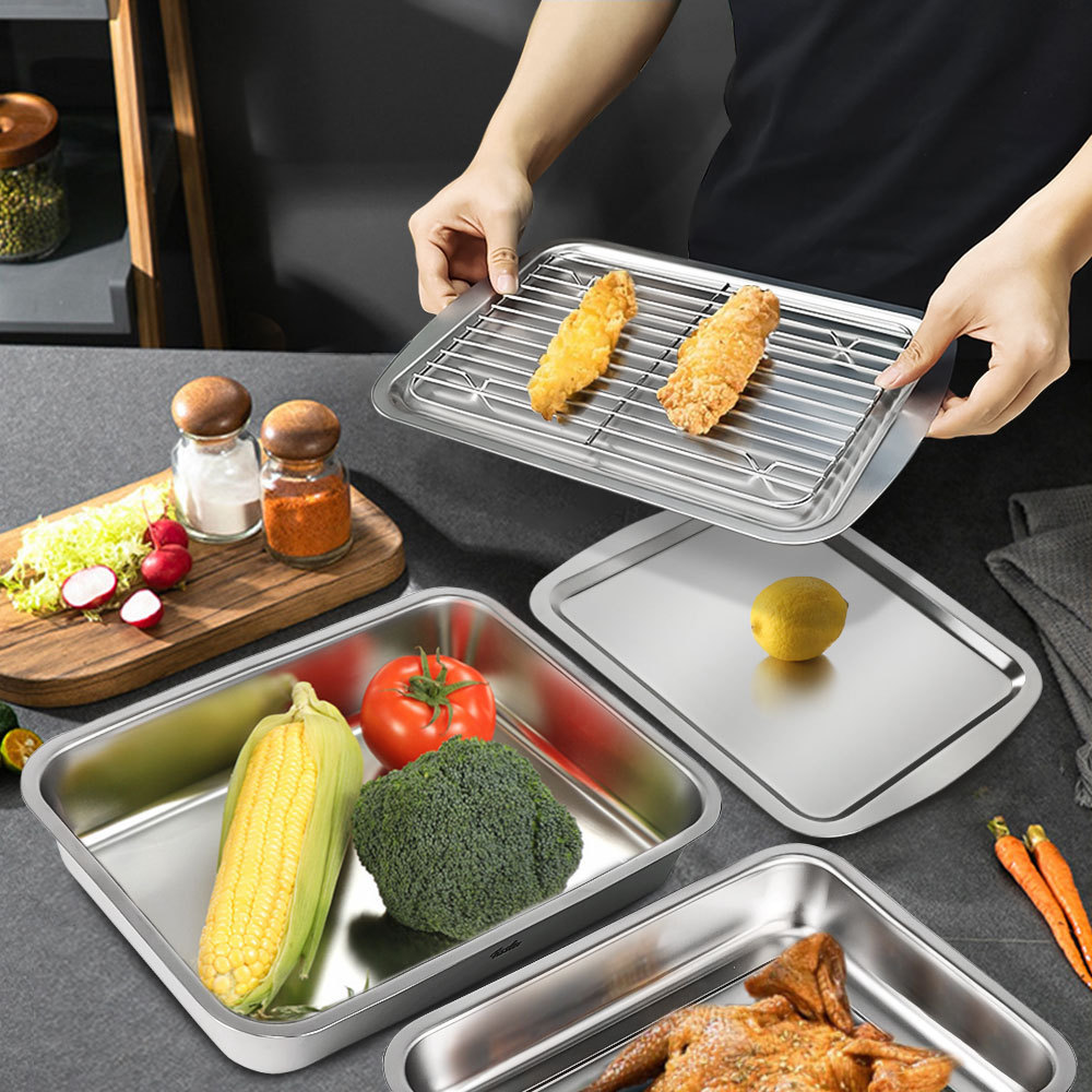 Baking Trays for Oven 5pcs Set Stainless Steel Cooling Rack BBQ Serving Deep/Shallow Tray