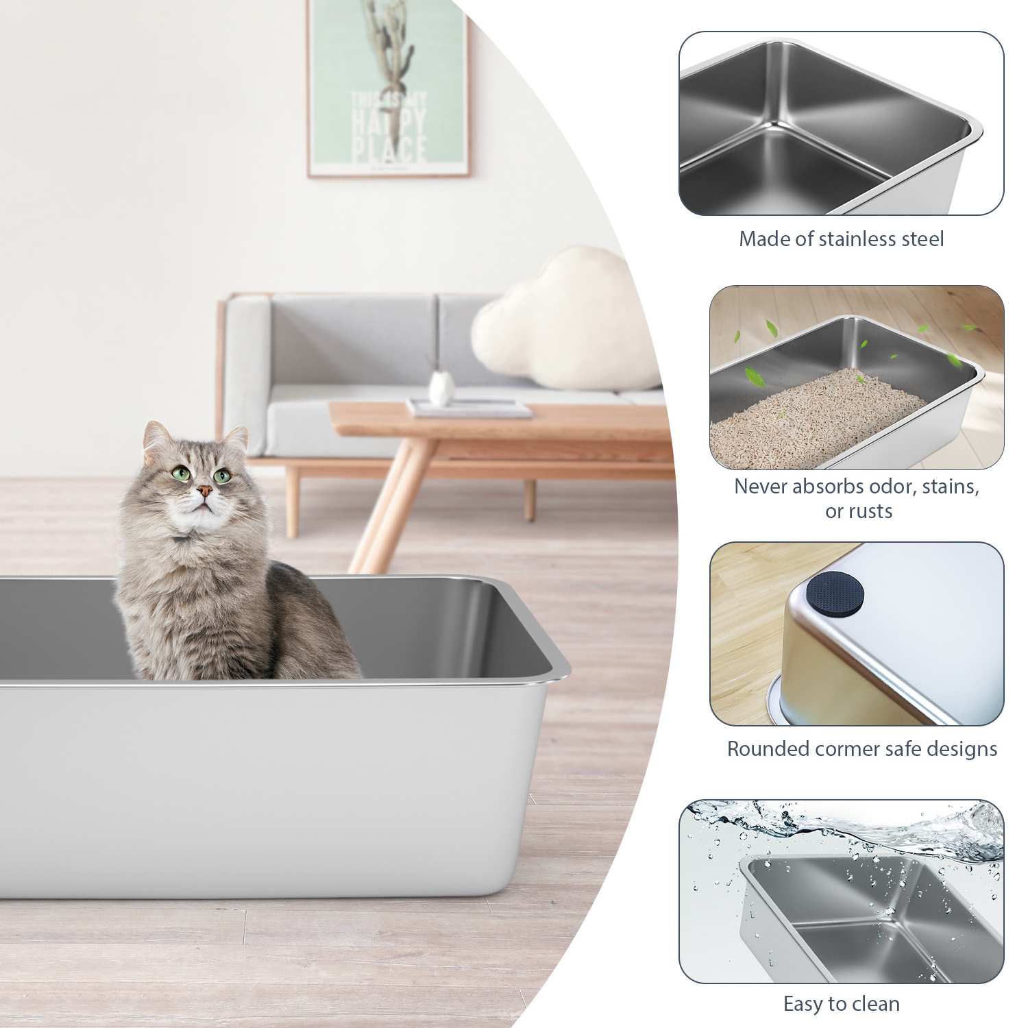 Baming Cat Litter Box 201/304  Stainless Steel Non-slip Cat Toilet Easy to Clean, Never Absorbs Odor, Stains, or Rusts