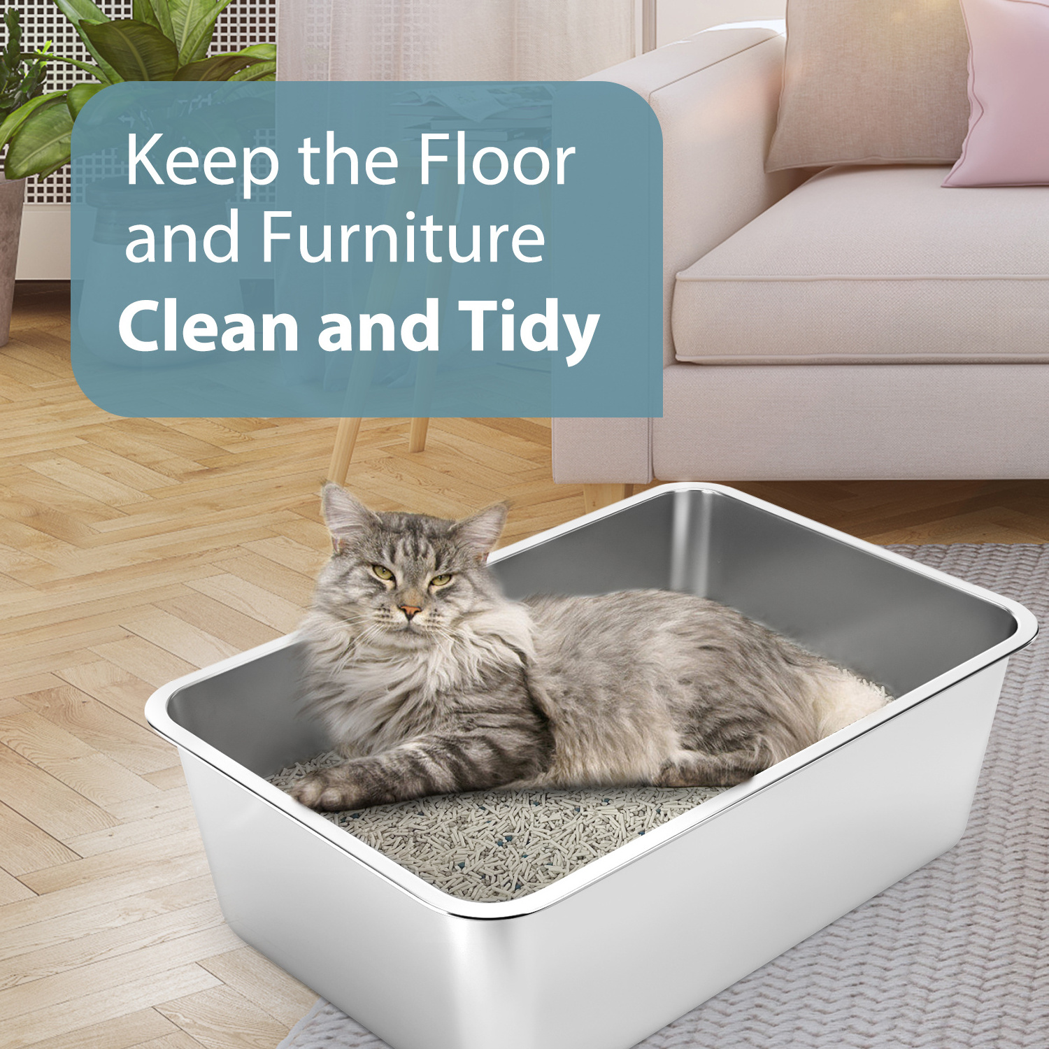 Baming Cat Litter Box 201/304  Stainless Steel Non-slip Cat Toilet Easy to Clean, Never Absorbs Odor, Stains, or Rusts