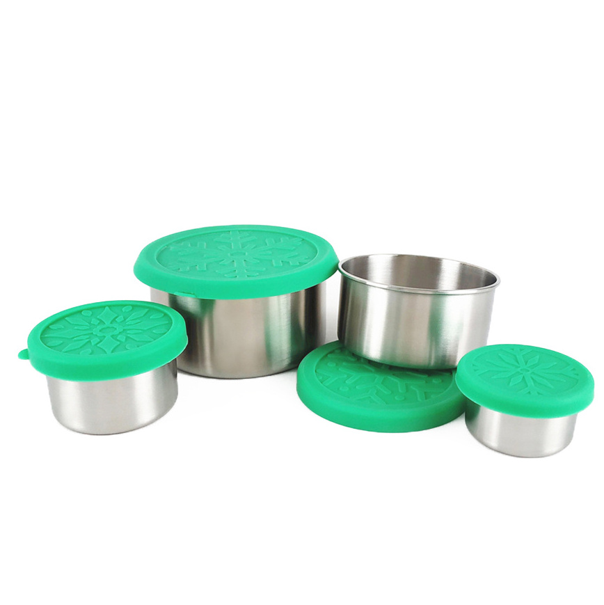 Mini Small 18/8 304 reusable Round Stainless Steel Sauce Snacks Food Container with leak-proof Silicone Lids