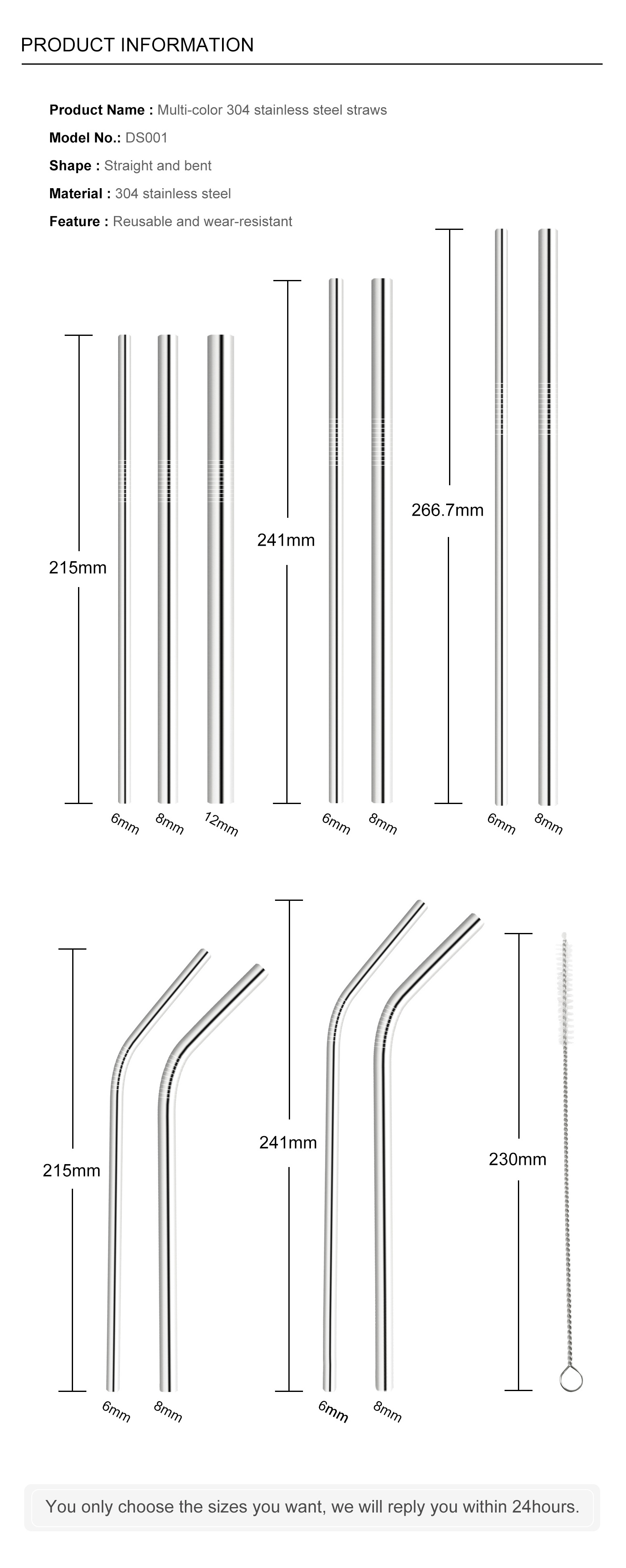 Cheap price recyclable metal straw custom stainless steel drinking straws