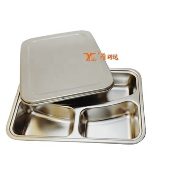 High Quality Steel cover stainless steel 3 compartment dinner plate tray lunch box