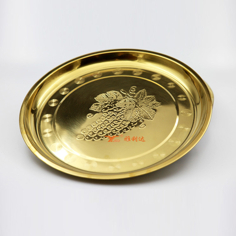 Metal charger plates hot selling gold tray stainless steel round trays with grape pattern