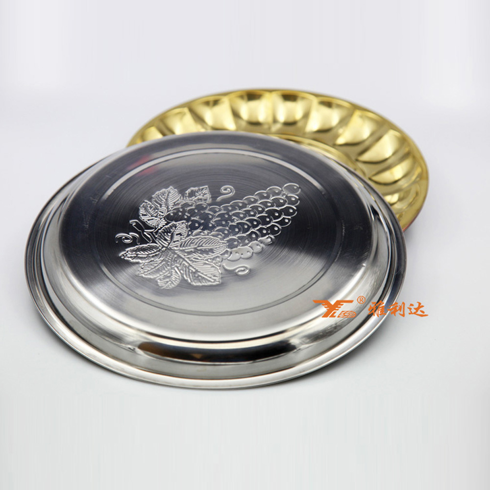 Metal charger plates hot selling gold tray stainless steel round trays with grape pattern