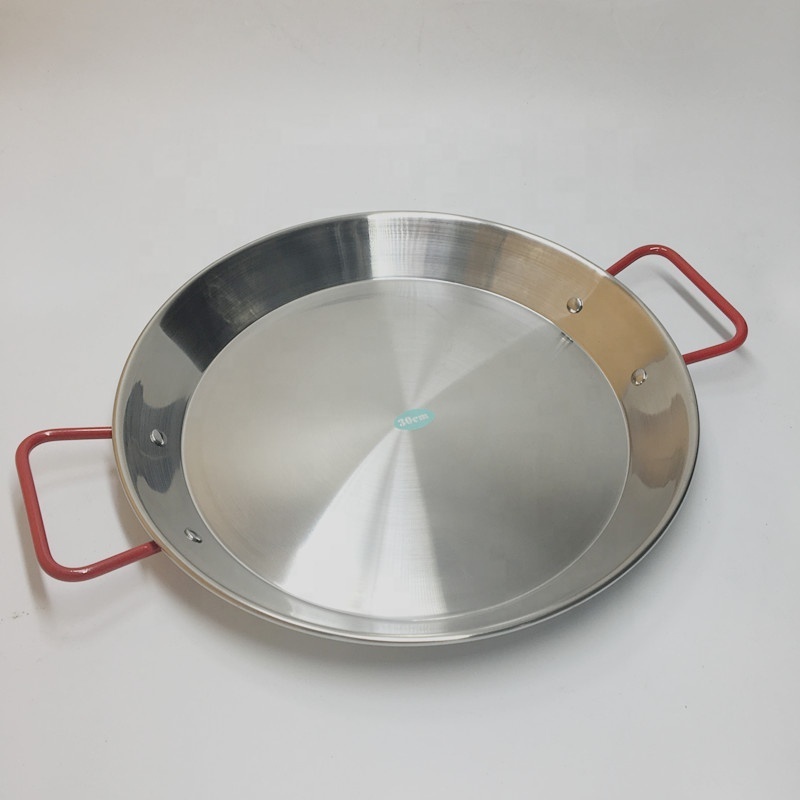 High quality Cookware set stainless steel flat pan with red double handle 20cm home use small paella pan