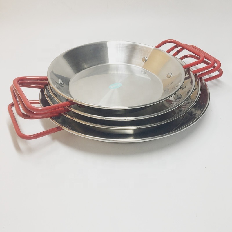 High quality Cookware set stainless steel flat pan with red double handle 20cm home use small paella pan