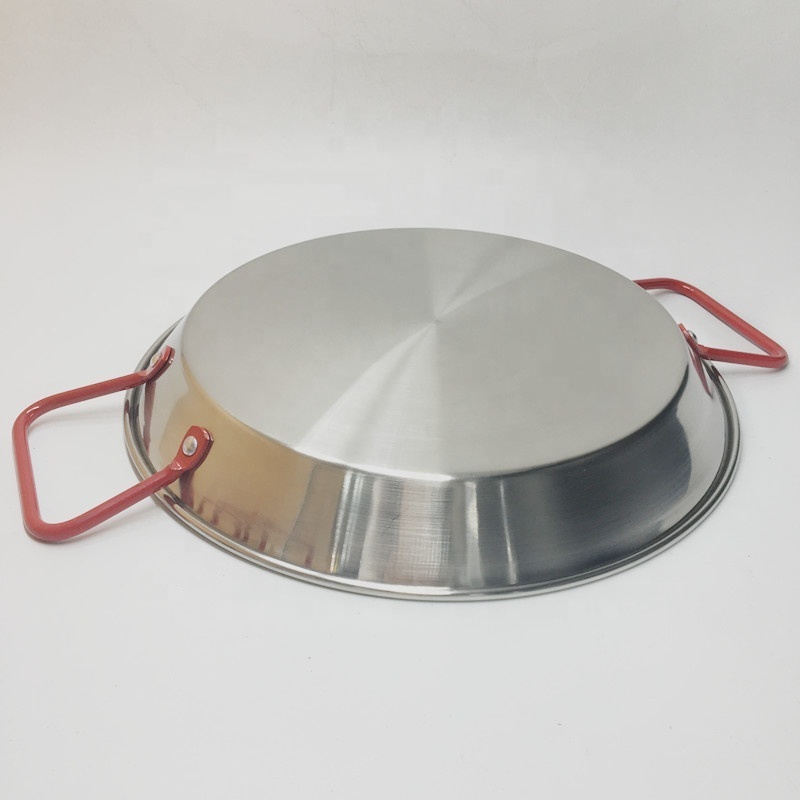 High quality Cookware set stainless steel flat pan with red double handle 20cm home use small paella pan