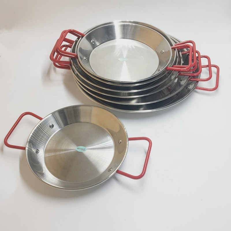 High quality Cookware set stainless steel flat pan with red double handle 20cm home use small paella pan