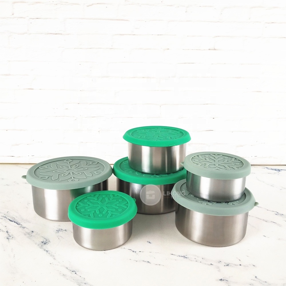 Mini Small 18/8 304 reusable Round Stainless Steel Sauce Snacks Food Container with leak-proof Silicone Lids