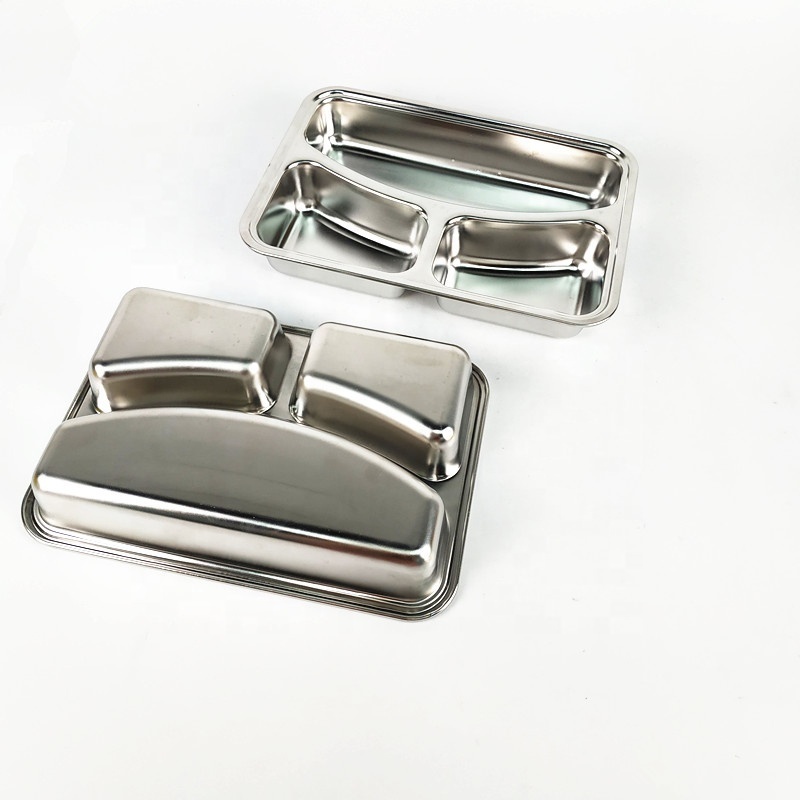 Chaozhou 201/304 Military College Metal  Compartment Mess Tray With Lid Reusable Food Tray Stainless Steel