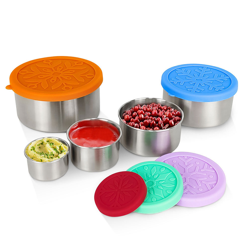 Mini Small 18/8 304 reusable Round Stainless Steel Sauce Snacks Food Container with leak-proof Silicone Lids