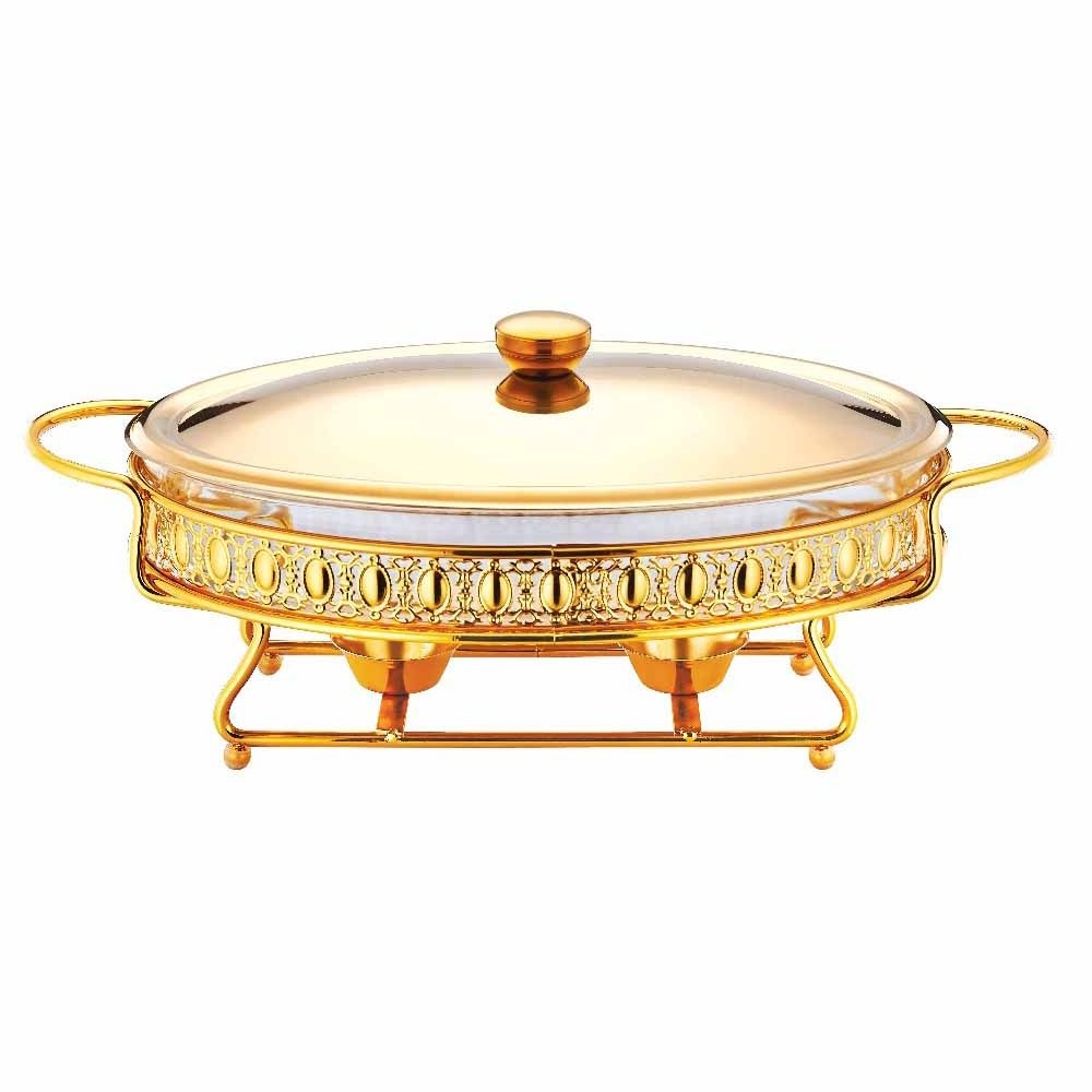 3.0 liter Commercial ceramic food warmer dish Round White Ceramic chafing dishes with gold stand