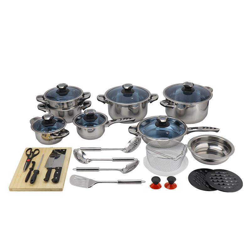 Hot Selling Stainless Steel 30Pcs Cooking  kitchen pots cookware set With Blue Glass Lid/steel lid For Cooking