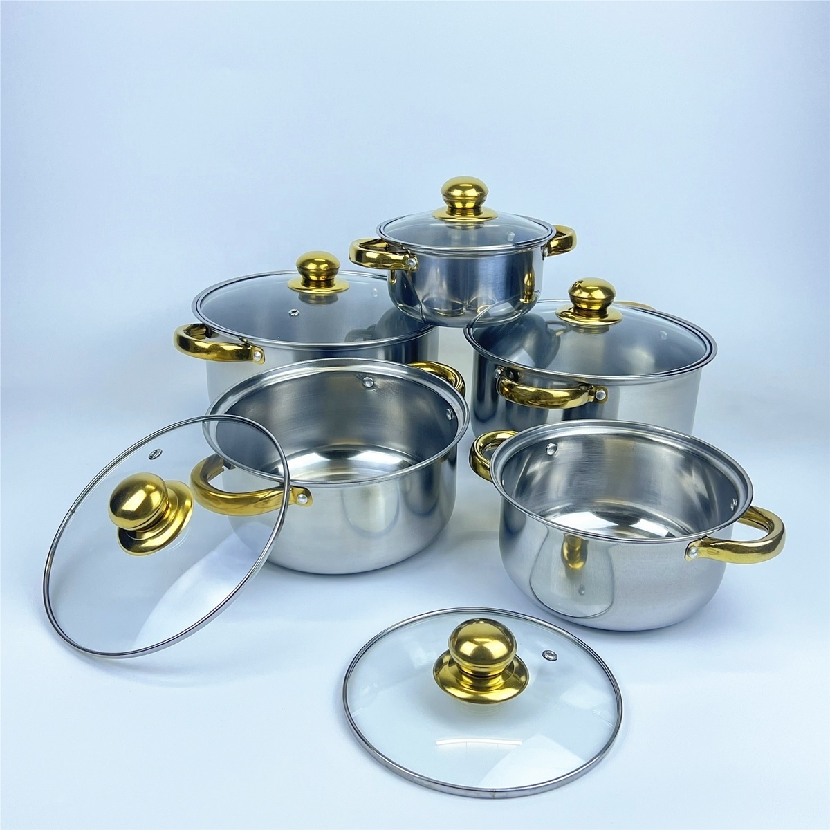 Hot Selling 10Pc Set Stainless Steel Kitchenware Golden Handle Cooking Pots Cookware Set Stock Pot With Glass Lid