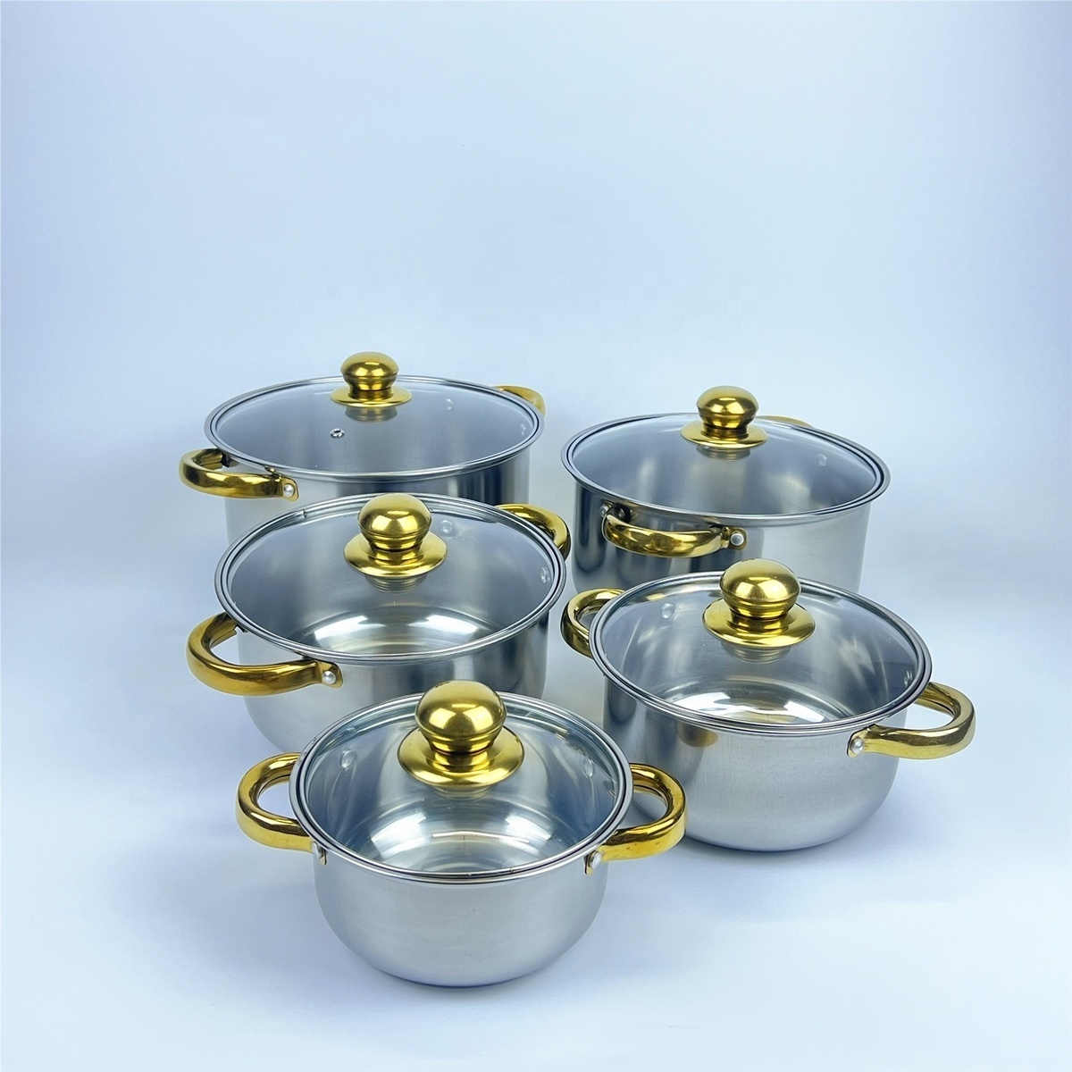 Hot Selling 10Pc Set Stainless Steel Kitchenware Golden Handle Cooking Pots Cookware Set Stock Pot With Glass Lid