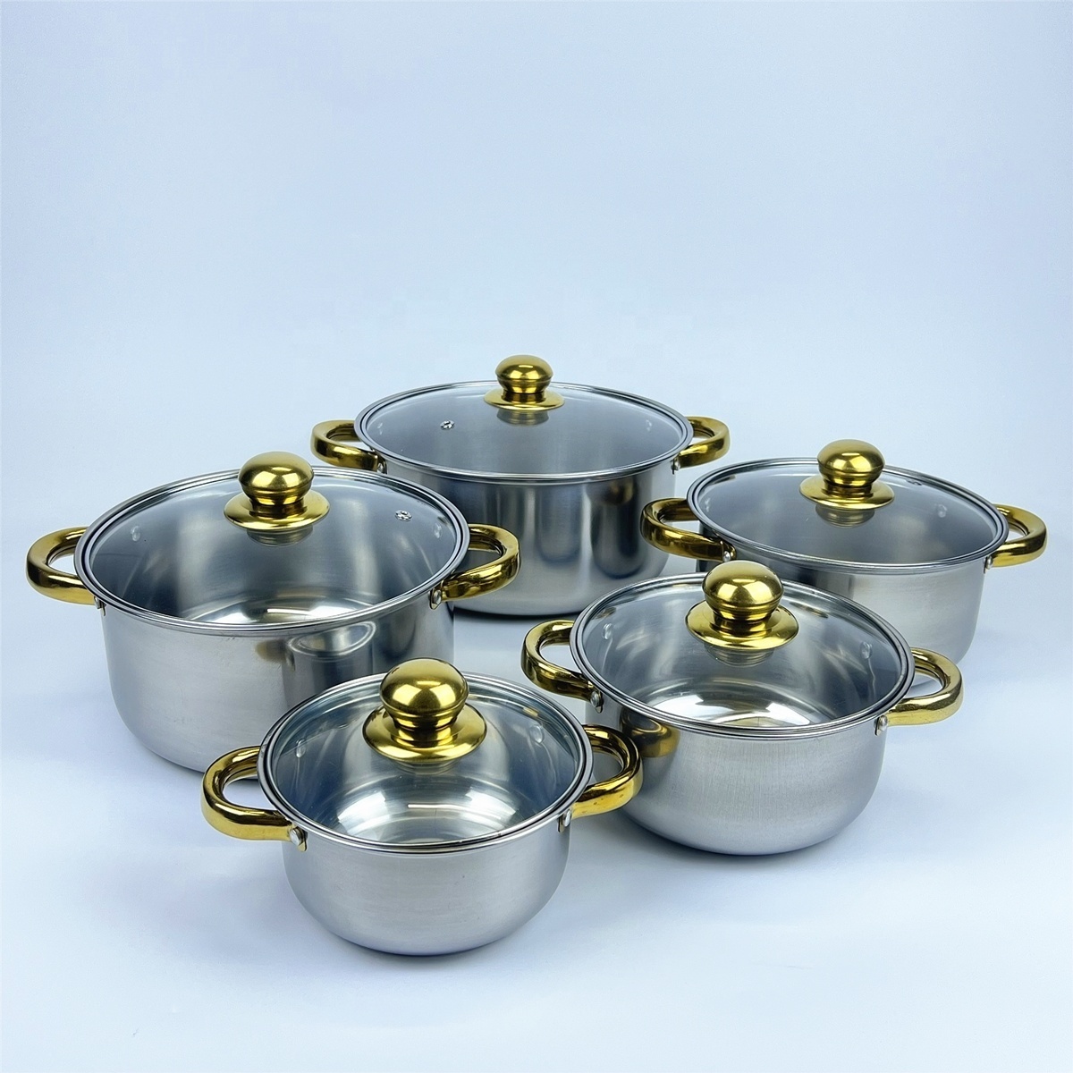 Hot Selling 10Pc Set Stainless Steel Kitchenware Golden Handle Cooking Pots Cookware Set Stock Pot With Glass Lid