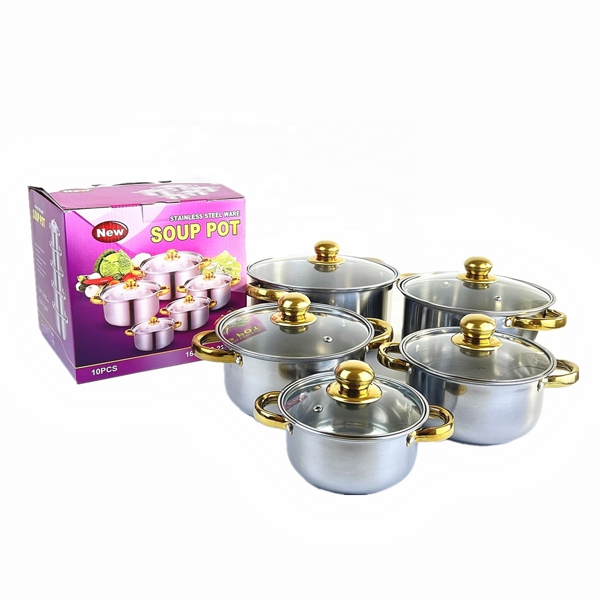 Hot Selling 10Pc Set Stainless Steel Kitchenware Golden Handle Cooking Pots Cookware Set Stock Pot With Glass Lid