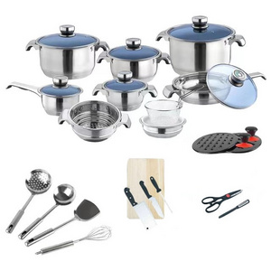 Hot Selling Stainless Steel 30Pcs Cooking  kitchen pots cookware set With Blue Glass Lid/steel lid For Cooking