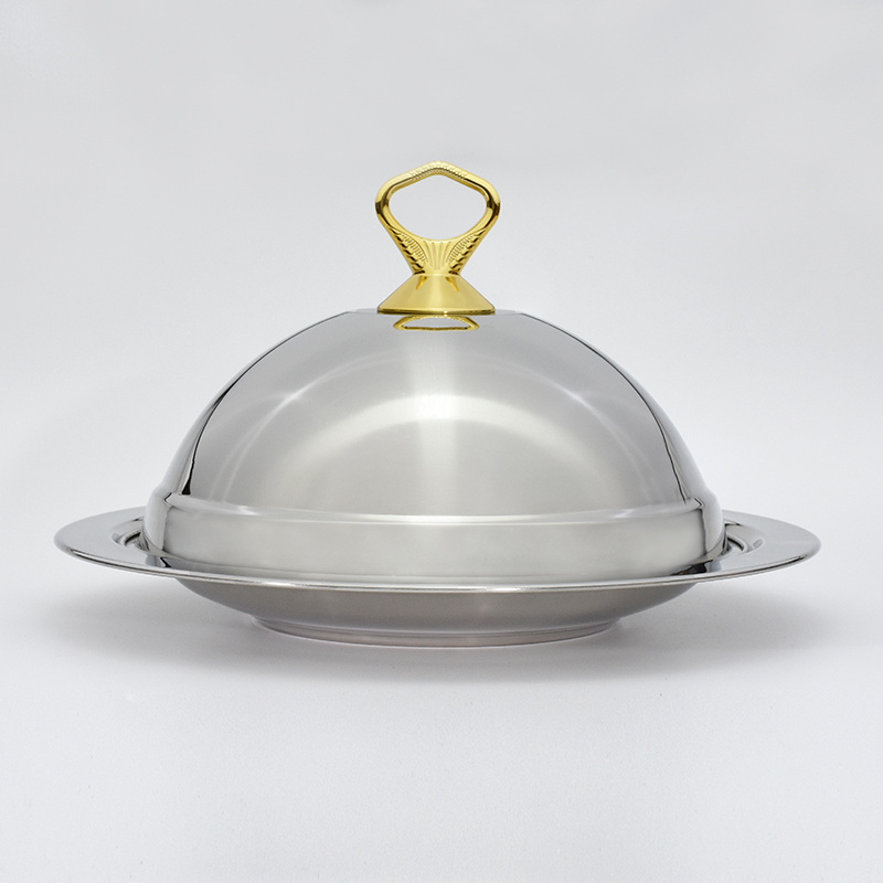 Wholesale luxury stainless steel serving tray with dome cover food plate with lid dinner platter with cover