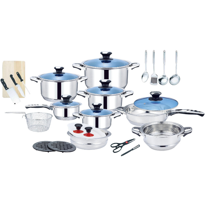 Hot Selling Stainless Steel 30Pcs Cooking  kitchen pots cookware set With Blue Glass Lid/steel lid For Cooking