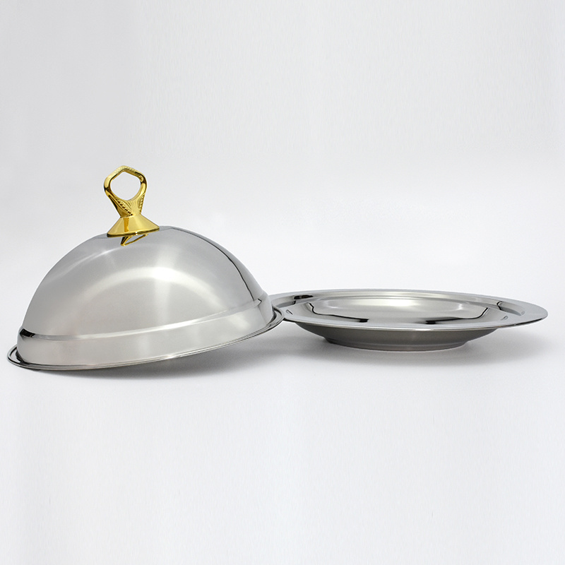 Wholesale luxury stainless steel serving tray with dome cover food plate with lid dinner platter with cover