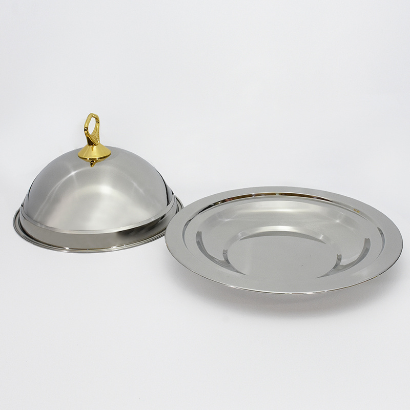 Wholesale luxury stainless steel serving tray with dome cover food plate with lid dinner platter with cover