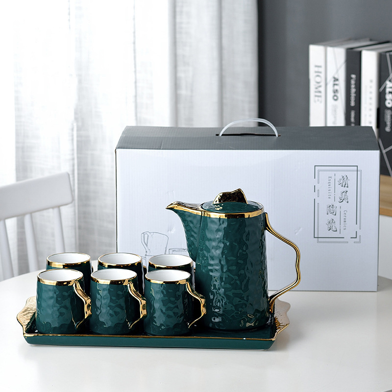 Fancy Nordic Drinkware Tea Coffee Mug Set Green Modern Luxury Afternoon Ceramic Tea Set With Tea Pot And Tray