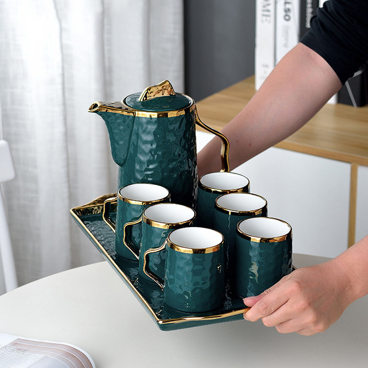 Fancy Nordic Drinkware Tea Coffee Mug Set Green Modern Luxury Afternoon Ceramic Tea Set With Tea Pot And Tray