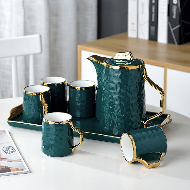 Fancy Nordic Drinkware Tea Coffee Mug Set Green Modern Luxury Afternoon Ceramic Tea Set With Tea Pot And Tray