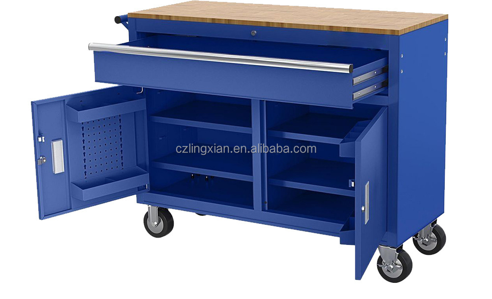 china factory 46 in Mobile Workbench with Solid Wood Top metal industrial tool storage cabinet with Wheels