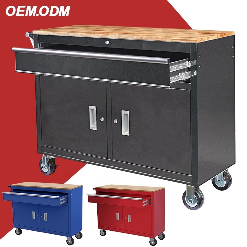 china factory 46 in Mobile Workbench with Solid Wood Top metal industrial tool storage cabinet with Wheels