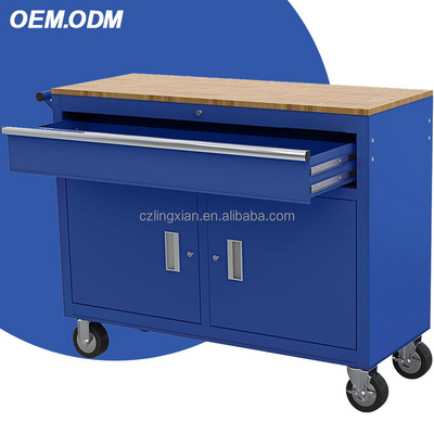 46 in Mobile Workbench cabinet metal tool storage garage tool cabinet Rolling Tool Chest with Wood Top