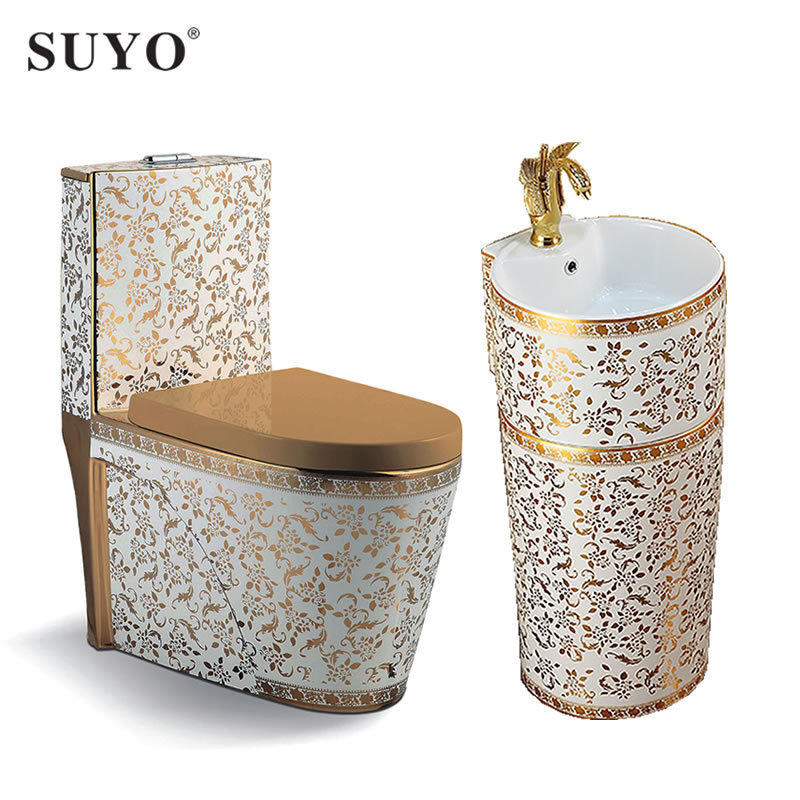 Chinese sanitary ware living room ceramic floor stand black golden color toilet gold wc toilet with pedestal basin