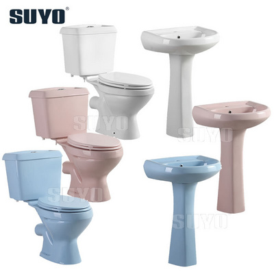 Bathroom African style sanitary ware white/pink/blue color ceramic washdown P trap cheap two piece wc toilet