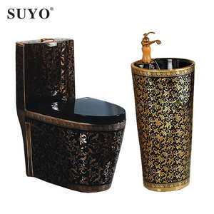 Chinese sanitary ware living room ceramic floor stand black golden color toilet gold wc toilet with pedestal basin