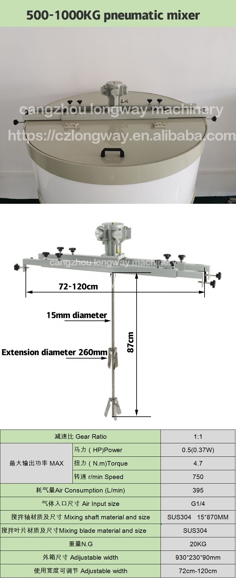 Good performance 1/4HP Clamp Mounted Open Drum Mixers Air Mixer Blender Paint Mixer agitator for oil drums