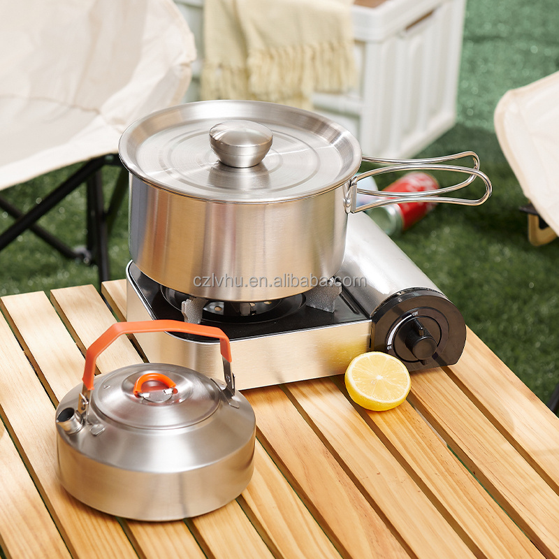 New Stainless Steel Cookware Set Outdoor Camping Stackable Pots Pans Removable Handle Portable Metal Campfire Cooking Equipment