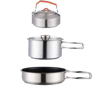 New Stainless Steel Cookware Set Outdoor Camping Stackable Pots Pans Removable Handle Portable Metal Campfire Cooking Equipment