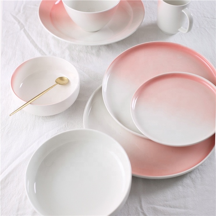 Pink pottery dinnerware wedding custom printed ceramic plate set for dinner