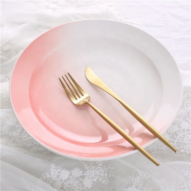 Pink pottery dinnerware wedding custom printed ceramic plate set for dinner