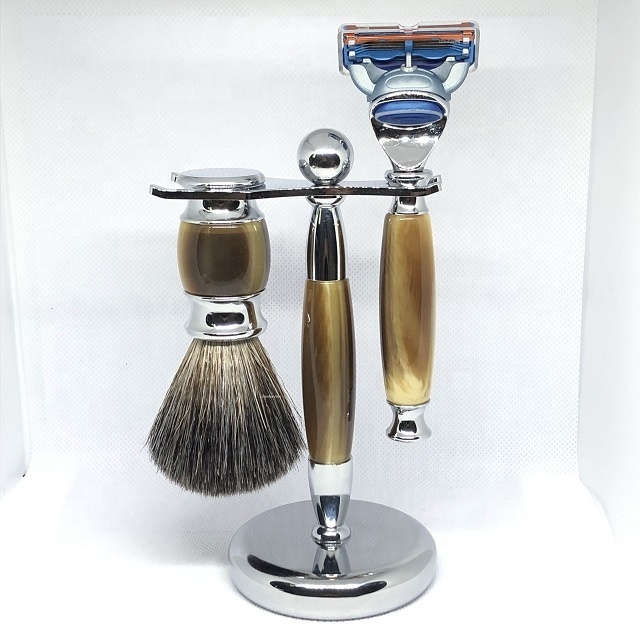 Bulk Order Wholesale Badger Hair Faux Ox Horn Handle Shaving Brush Beard Brush 5 Blade Razor Set