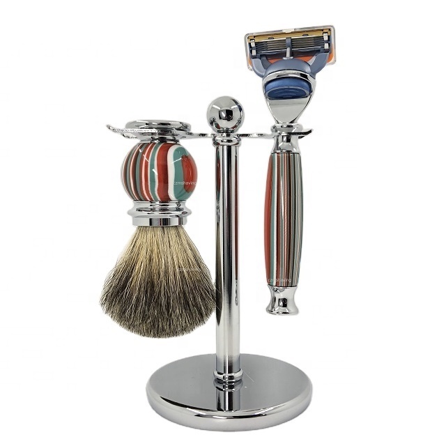 Popular Products 5 Blade Razor Badger Hair Knots Beard Brush Matel Resin Handle Shaving Brush Set Shaving Barber Neck Brush